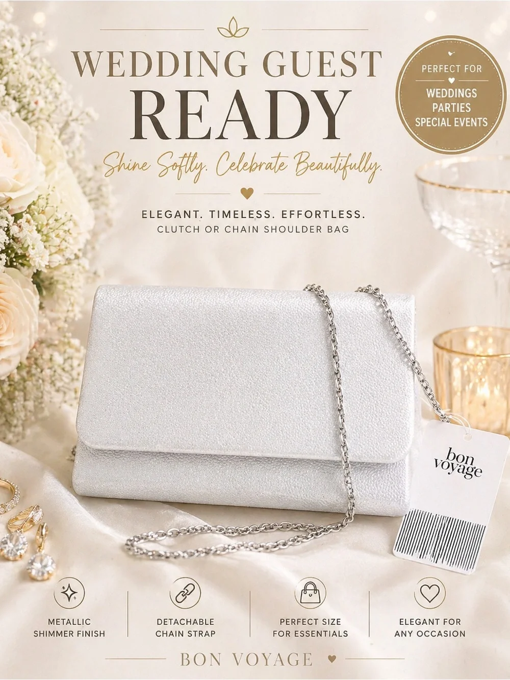 NWT Bon Voyage Silver Metallic Clutch | Chain Strap Evening Bag Wedding Formal - Picture 6 of 7